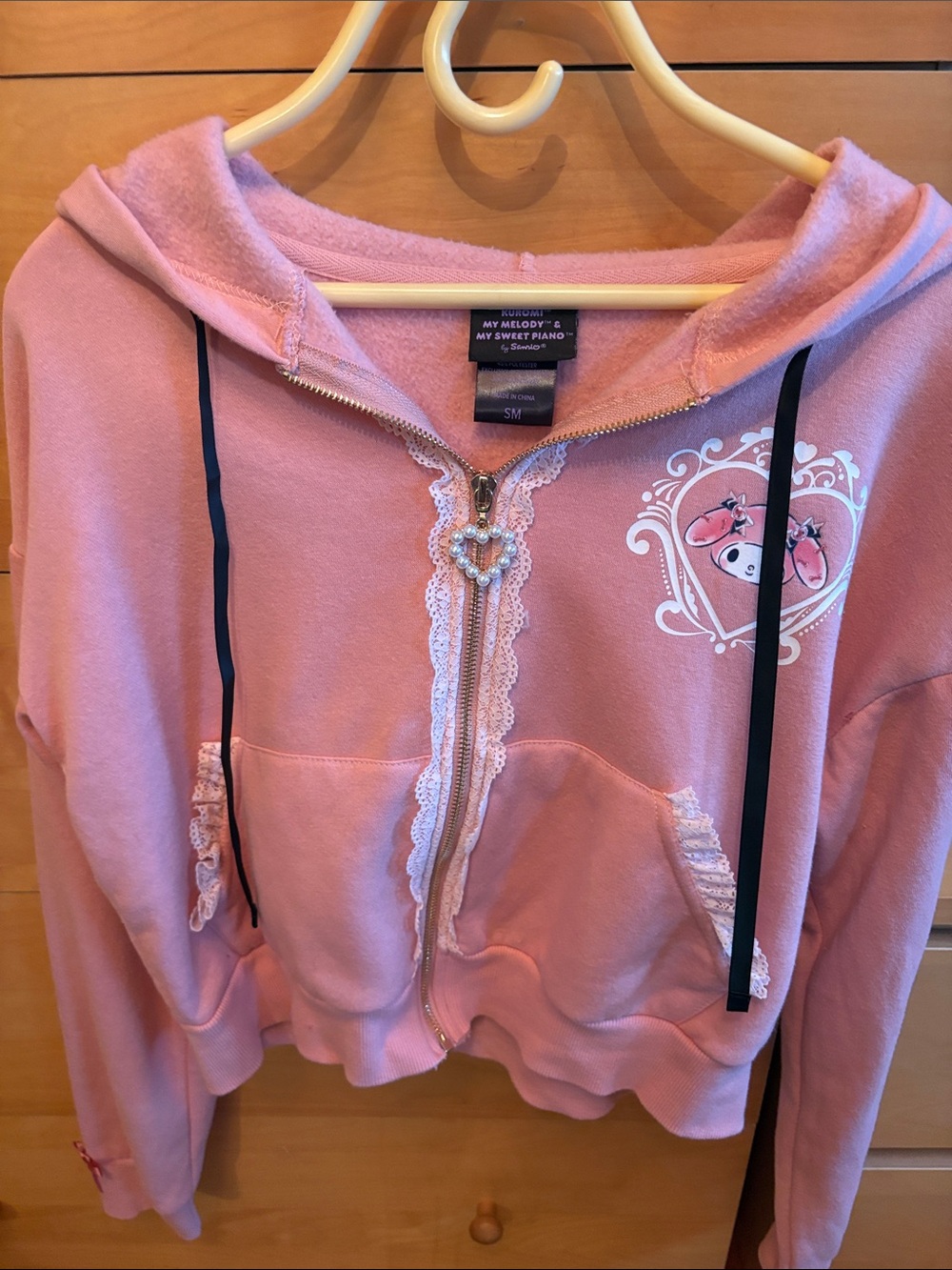 Sanrio My Melody Pink Hooded Zip Sweatshirt with Lace Trim